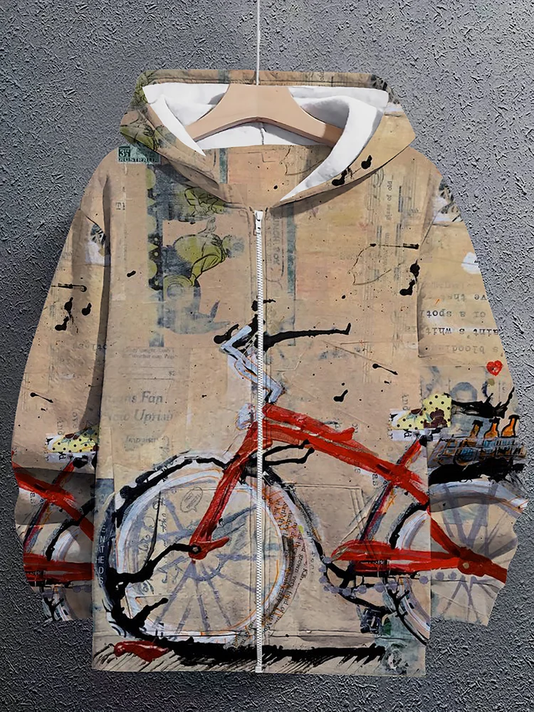 Men's Retro Cycling Art Print Hooded Zip Up Jacket