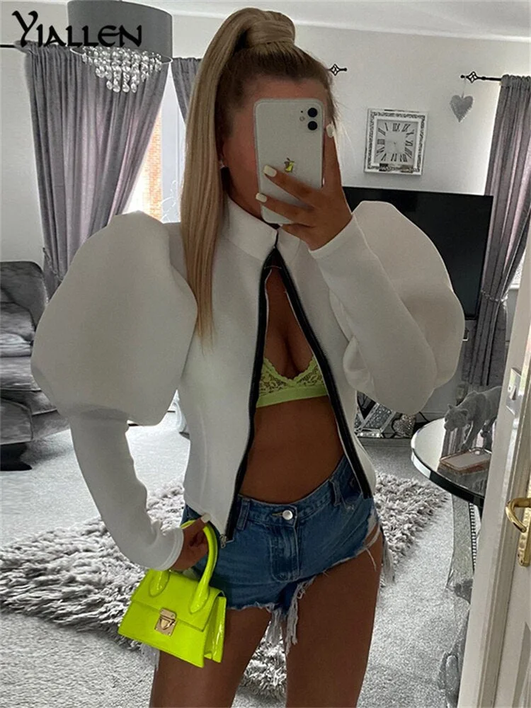 Yiallen Autumn Casual Elegant Puff Sleeve Zipper Slim Jacket Women Skinny Wild Office Lady Coat Y2K Top High Street Clothing
