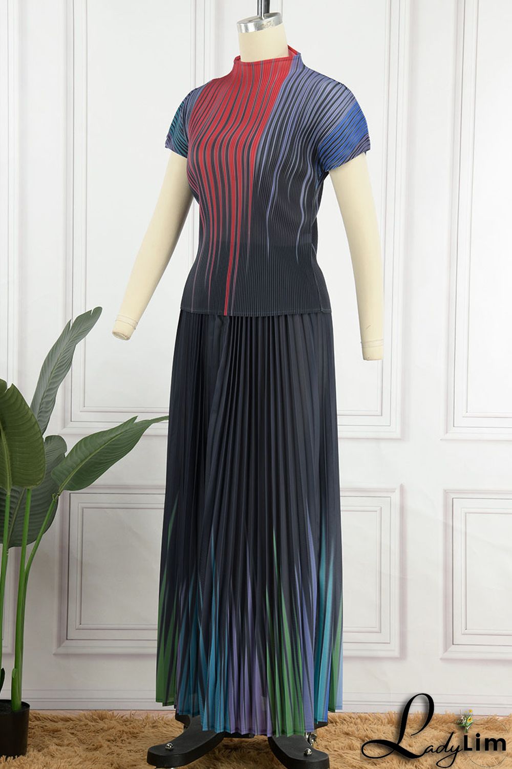 Apricot Casual Elegant Gradual Change Print Patchwork Fold O Neck Short Sleeve Two Pieces