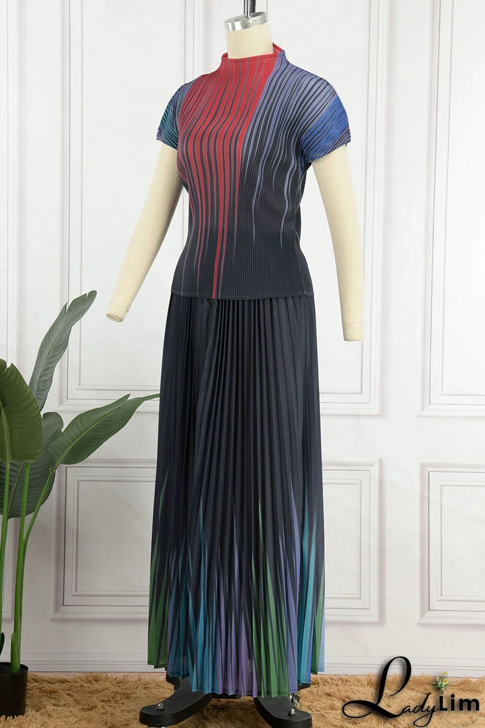 Apricot Casual Elegant Gradual Change Print Patchwork Fold O Neck Short Sleeve Two Pieces