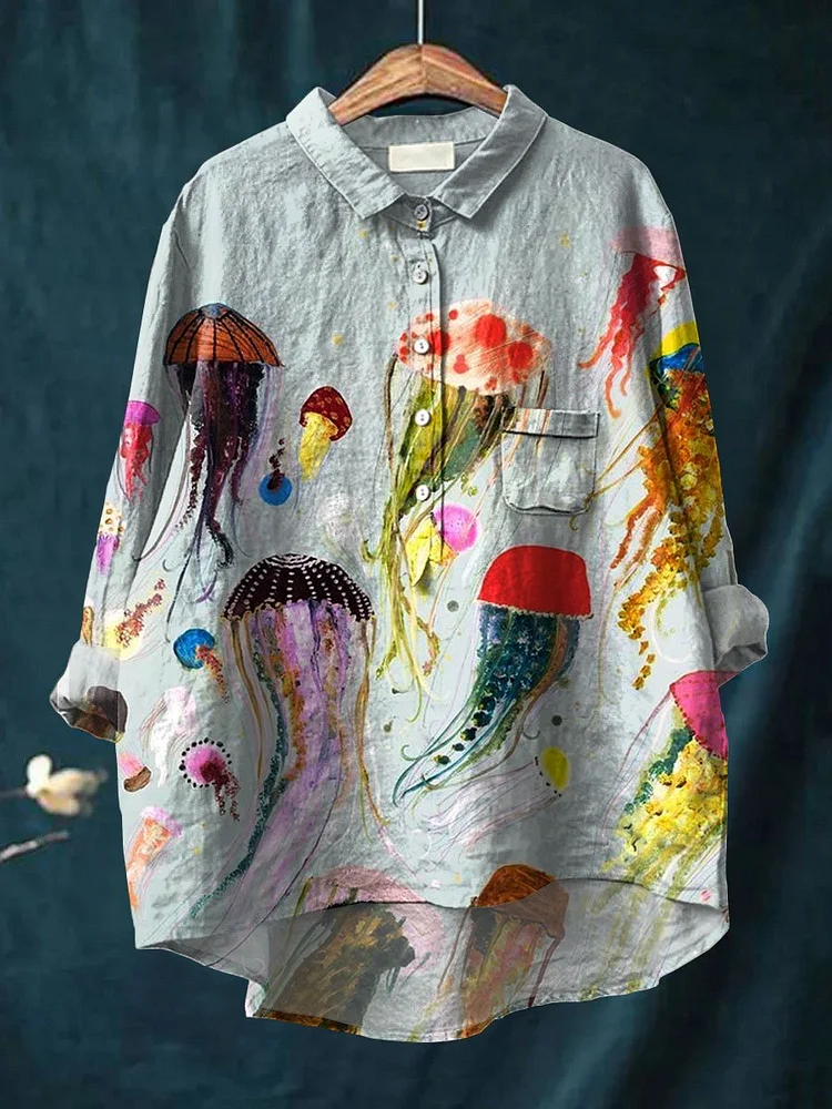 Women's Jellyfish Art Print Casual Cotton And Linen Shirt