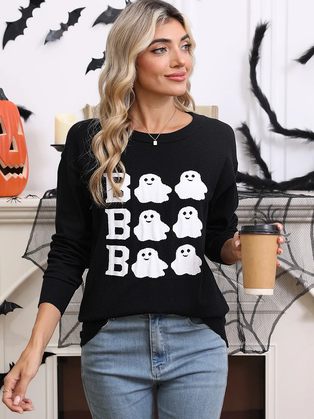 Athvotar Athvotar And Winter New Sweater Women's Halloween Element Embroidered Casual Round Collar Long-Sleeved Top