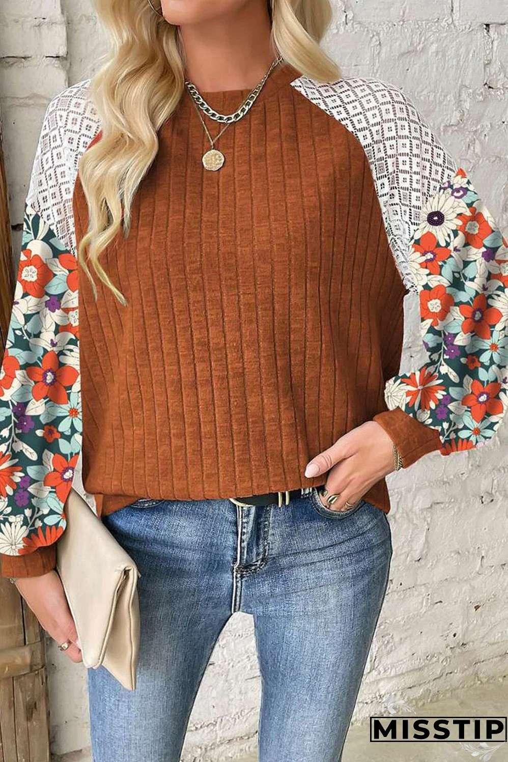 Black Floral Patchwork Long Sleeve Ribbed Blouse