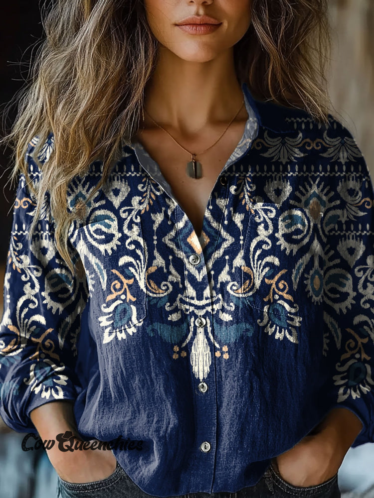 Women’s Dark Blue Retro Diamond Pattern Art Print Casual Long Sleeve Comfortable Cotton Shirt