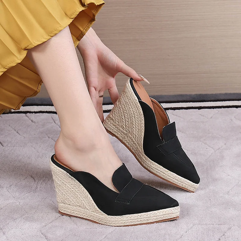 Wongn Wongn Spring And Autumn Pointed Slope With Thick Bottom With Baotou Drag Empty Women's Shoes Straw Hemp Rope Thick Bottom