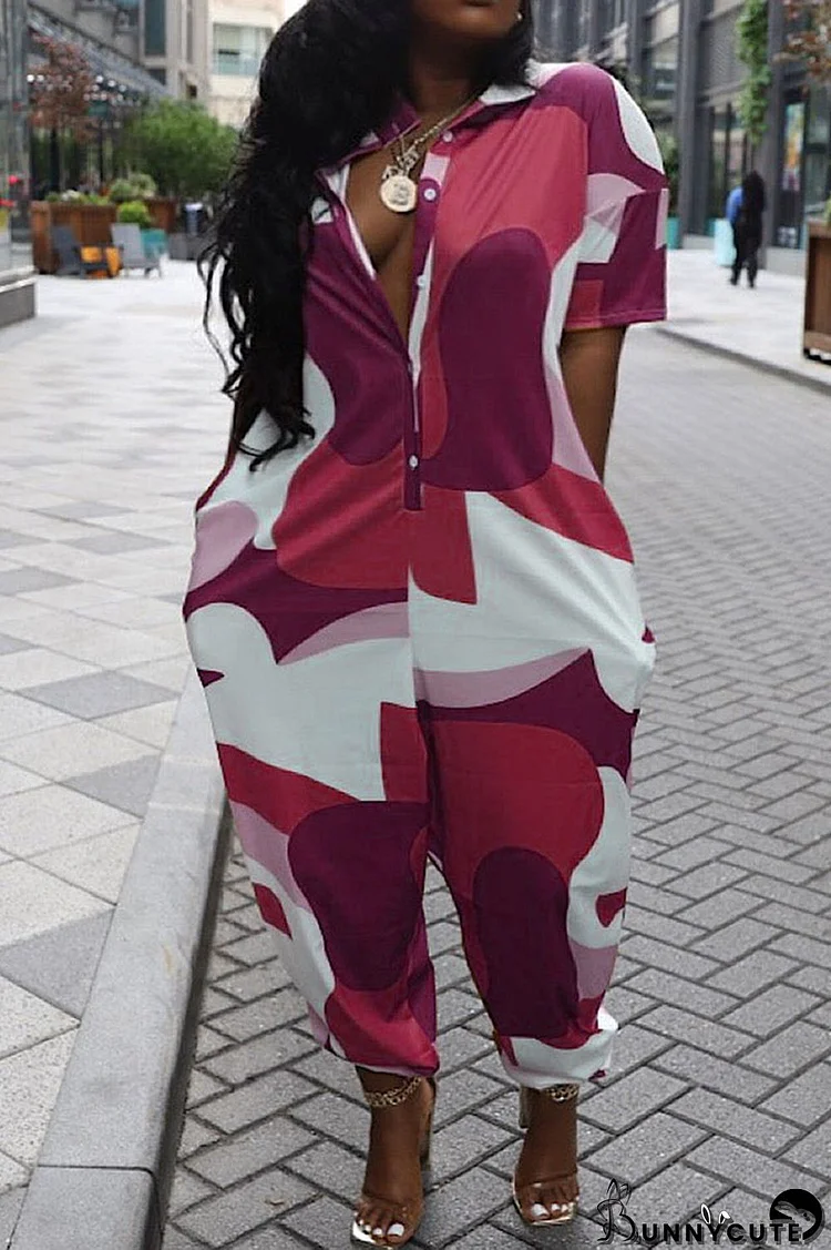 Rose Red Casual Street Print Patchwork Zipper Collar Loose Jumpsuits