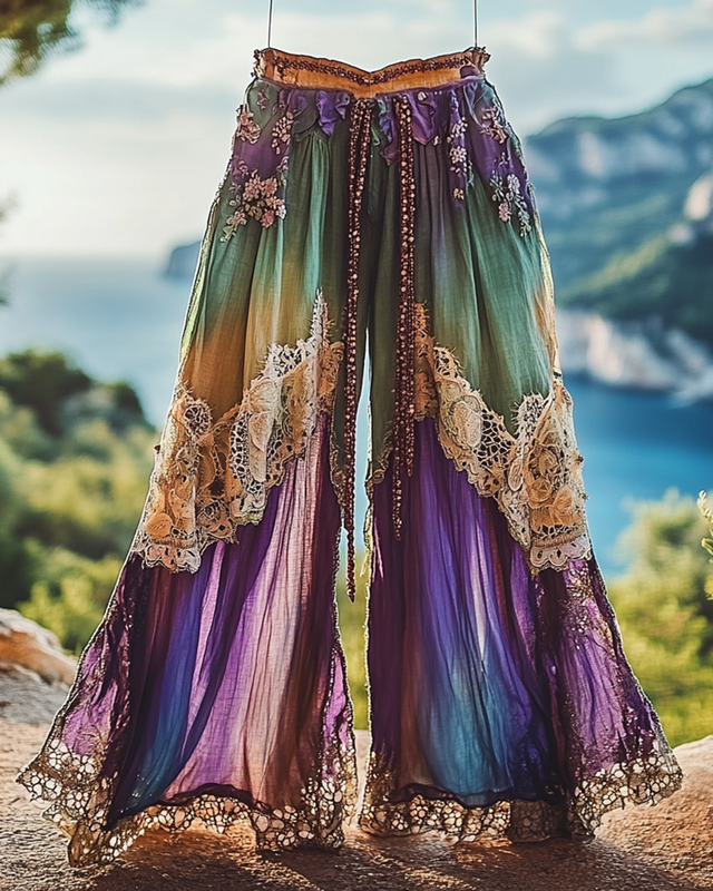 Summer Vacation Ruffle  Lace Patchwork Pant