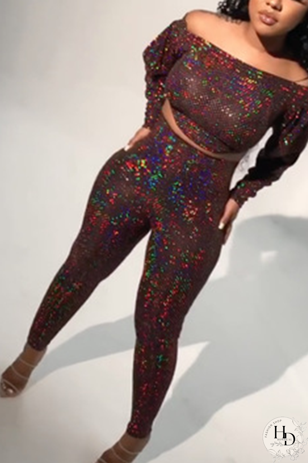 Multicolor Sexy Patchwork Sequins Bateau Neck Long Sleeve Two Pieces