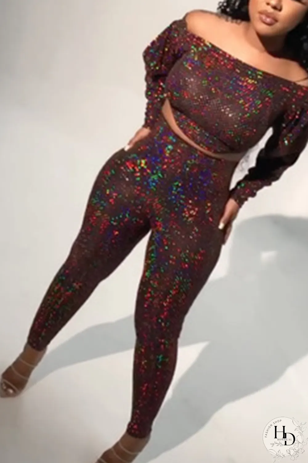 Multicolor Sexy Patchwork Sequins Bateau Neck Long Sleeve Two Pieces