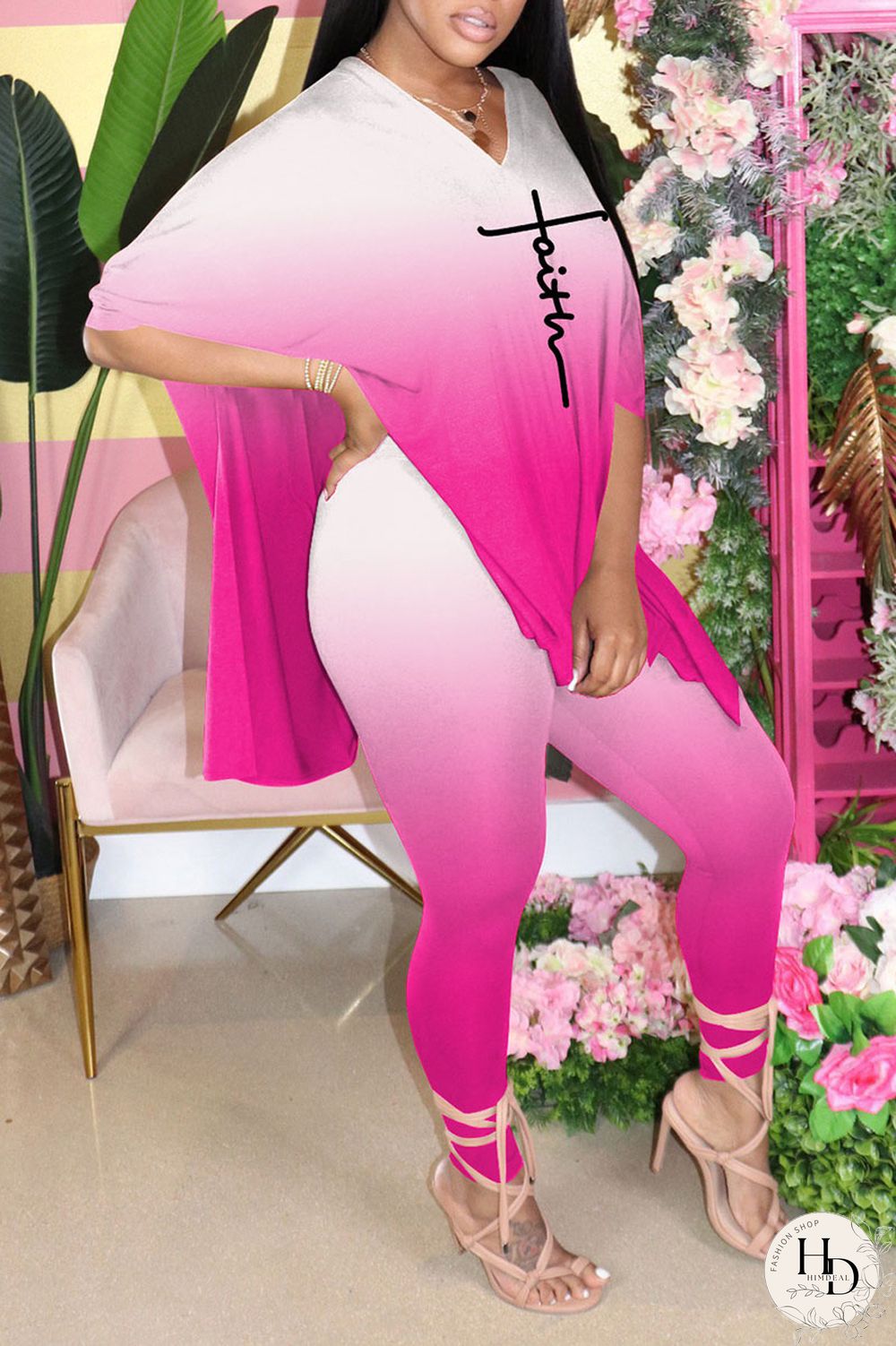 Blue Casual Gradual Change Print Patchwork Slit V Neck Half Sleeve Two Pieces