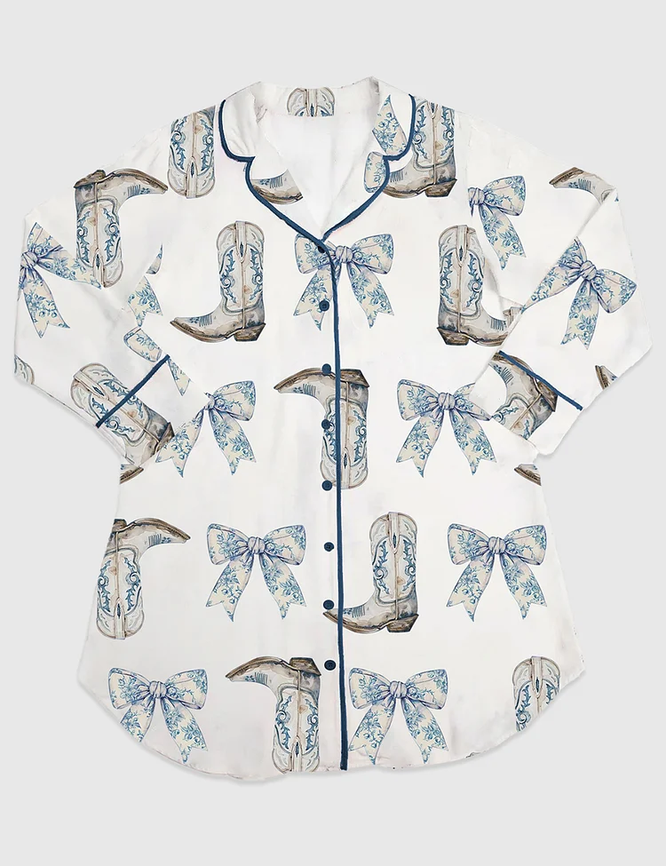 Women&rsquo;s Coquette Blue Bow And Boots Cowgirl Long Sleeve Satin Sleep Shirt