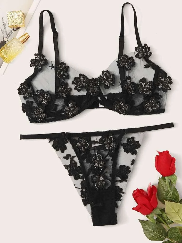 Yimunancy 2-piece Floral Bra Set, Female Transparent Bra + Panties, Sexy Underwear, Underwear Set