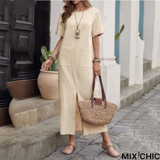 Short Sleeve Round Neck Casual Dress Linen