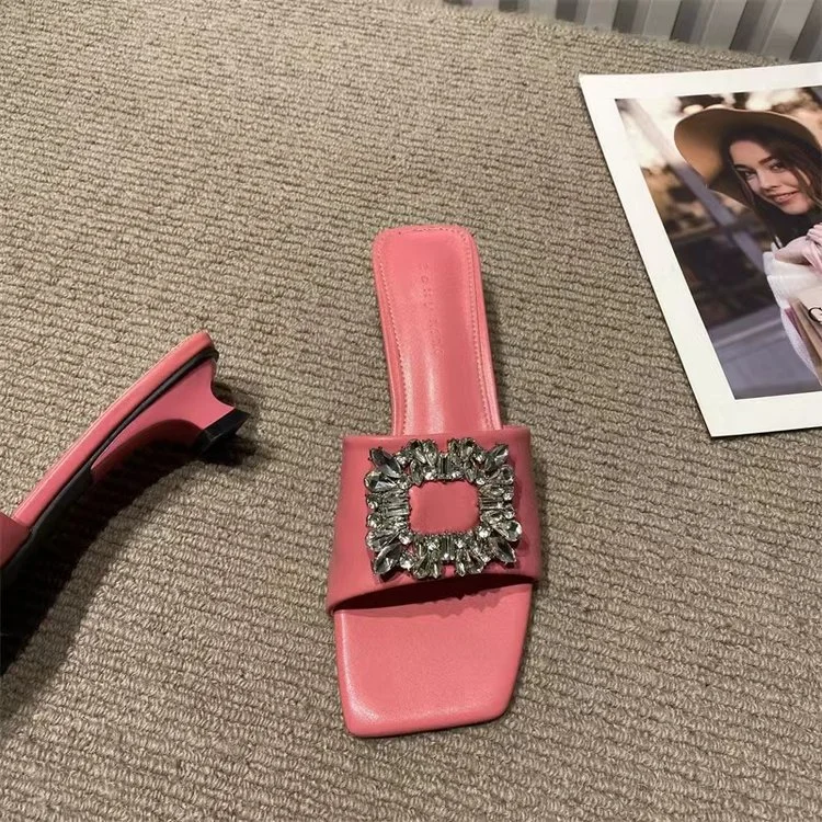 Wongn Wongn Summer New Fashion Rhinestone Square Button One-Word Women's Shoes With Cool Slippers Female