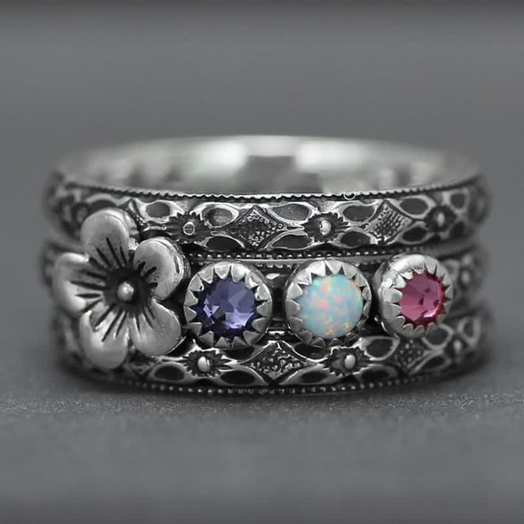 Personalized and Engraved Flower Birthstones Ring