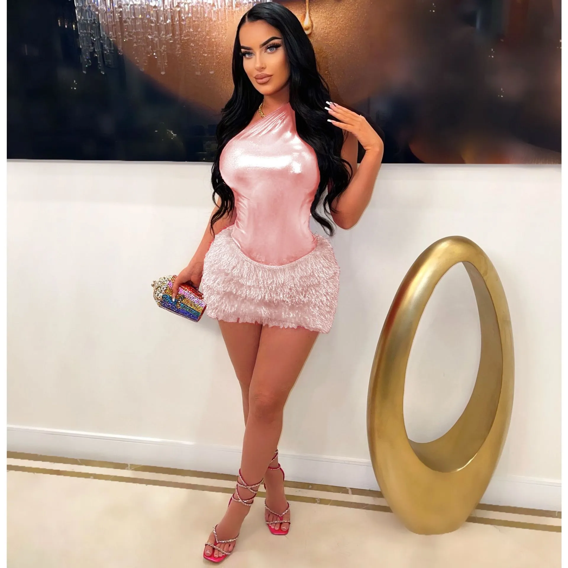 Women Clothing Skirt Set Jumpsuit Glossy Sexy Skirt Two Piece Set