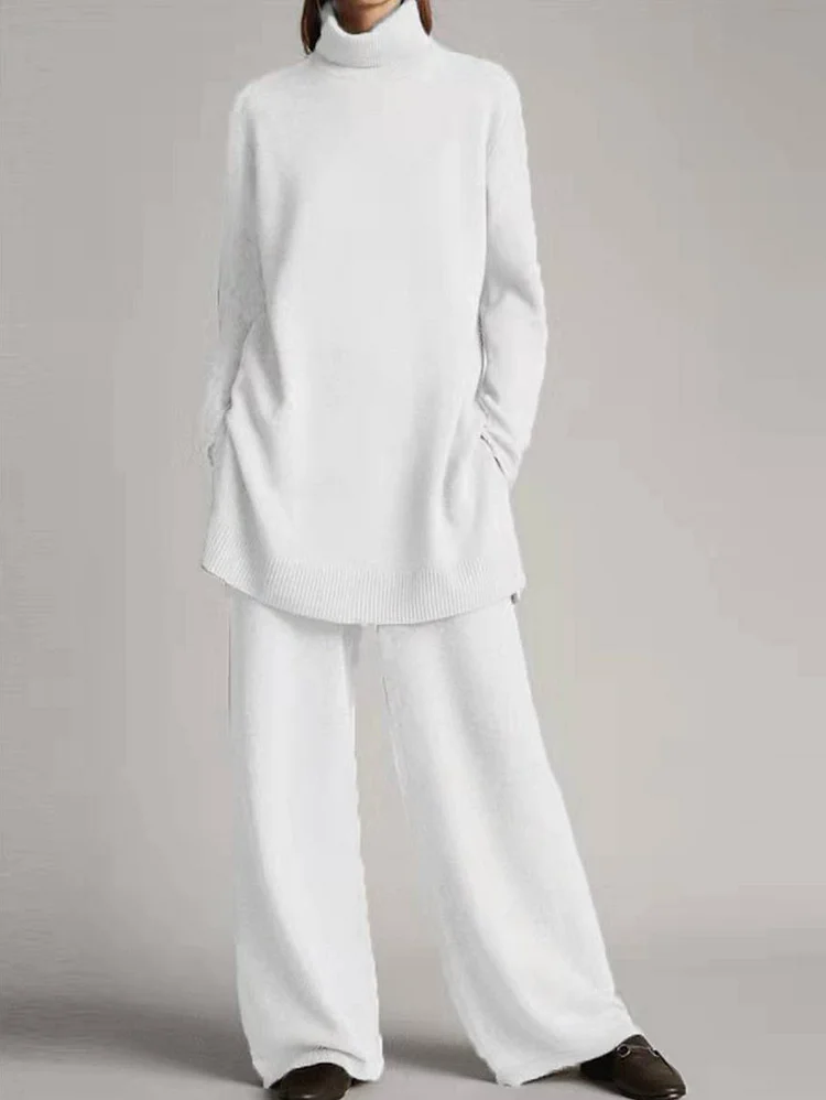 Elegant Solid Turtleneck Knit Top and Pants Set