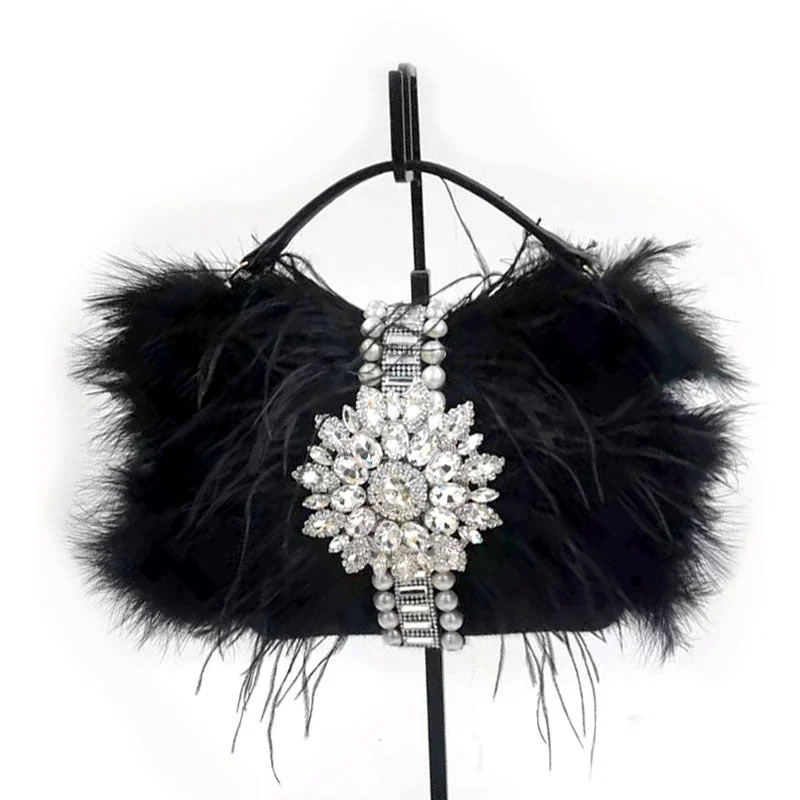 Women's Bags Feather Rhinestones Decoration One Shoulder Vintage Clutch Purse