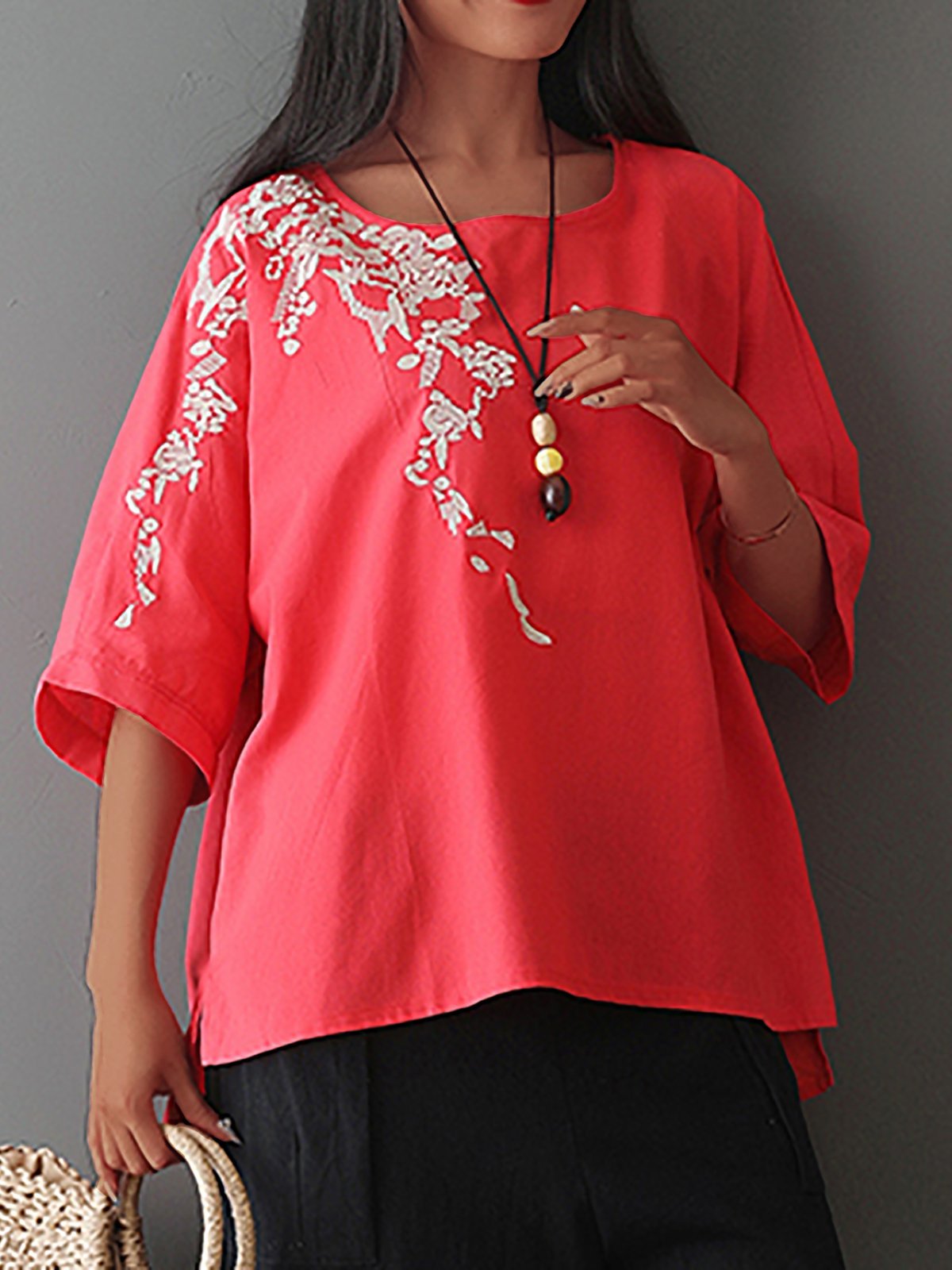 Plus Size Embroidered Round Neck Short Sleeve Blouse