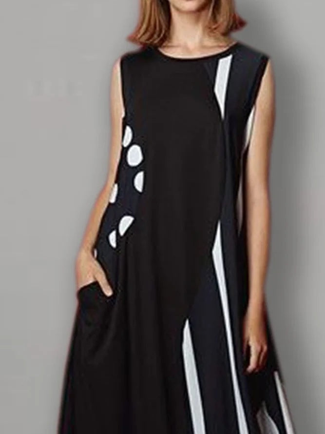 Women Sleeveless Scoop Neck Polka Dot Graphic Midi Dress