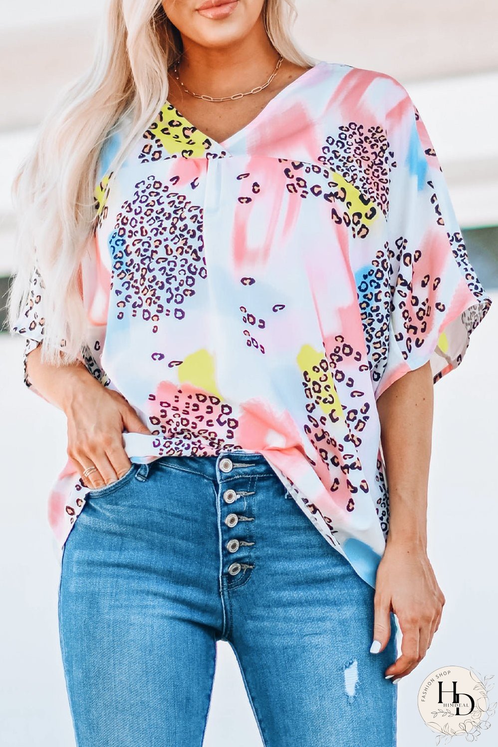 Whimsical Watercolor Animal Print V-Neck Blouse