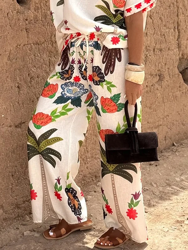 Split-Joint Printed Elasticity Drawstring Wide Leg Loose Trousers Pants