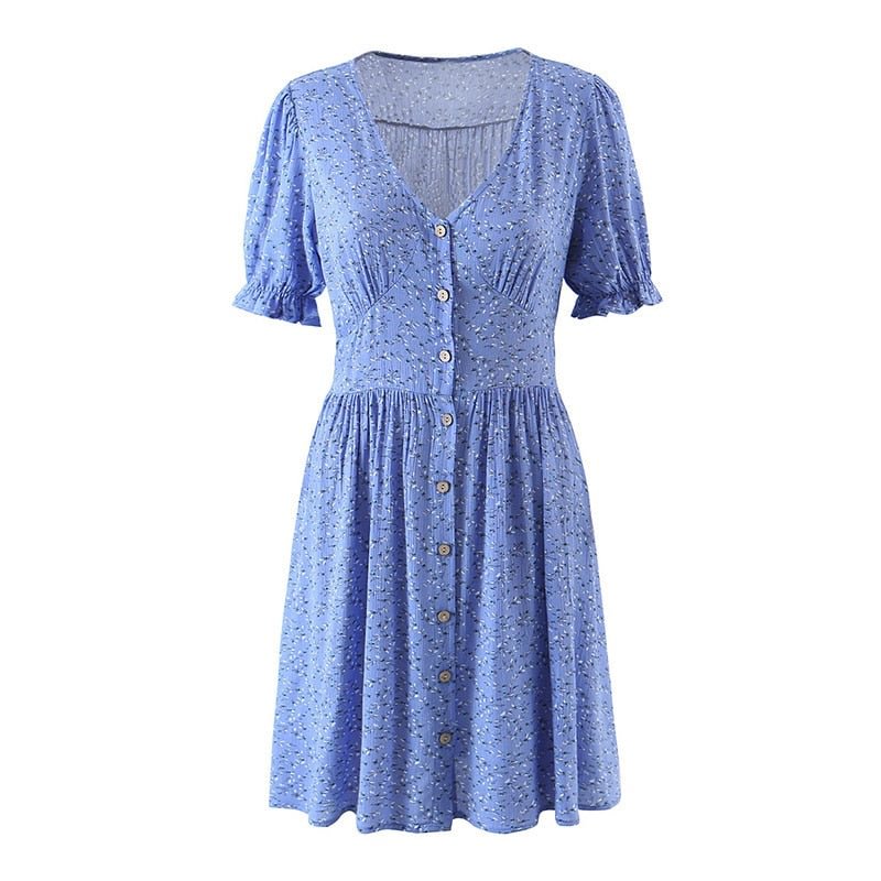 Aachoae Bohemian Floral Print Mini Dress Women V Neck Summer Beach Dress Ruffle Short Sleeve A-line Buttons Casual Dresses
