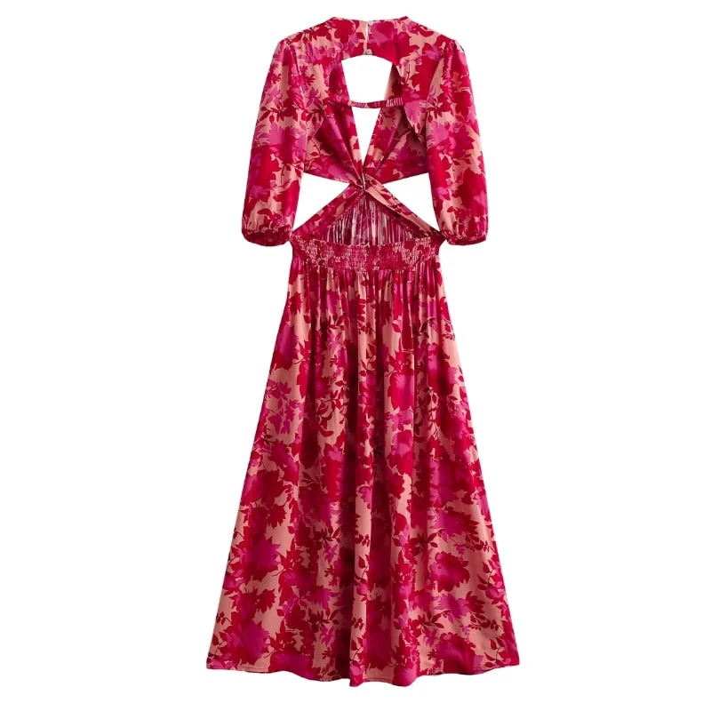 Back to school  Women Boho Hollow Out Puff Sleeve Dresses Vintage Print 2022 New Fashion Sexy Female Long V Neck Dress Loose Party Chic