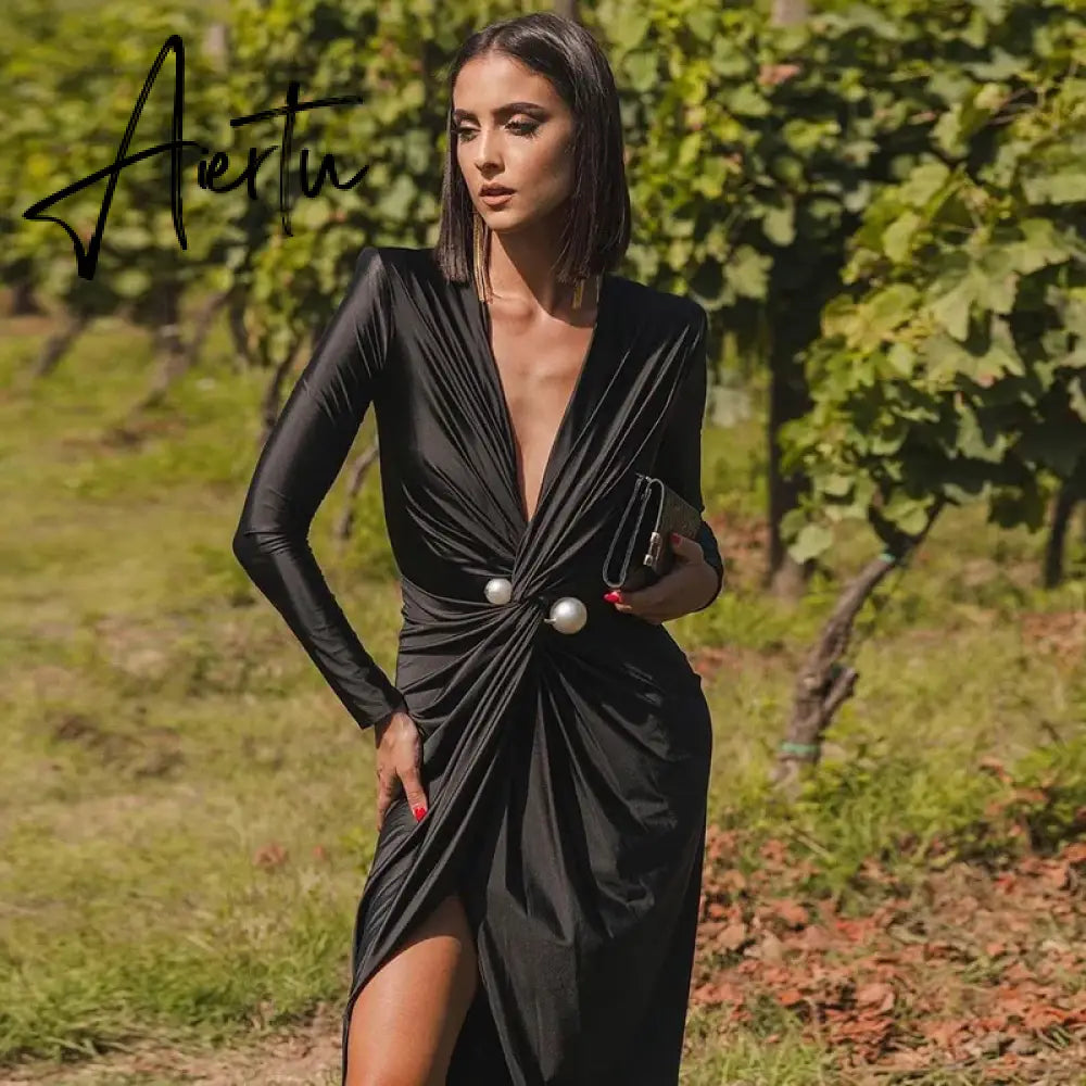 Fashion Sexy Deep V Neck Maxi Dress Gown Elegant Outfits for Women Party Club Long Sleeve Split Dresses Ruched Aiertu