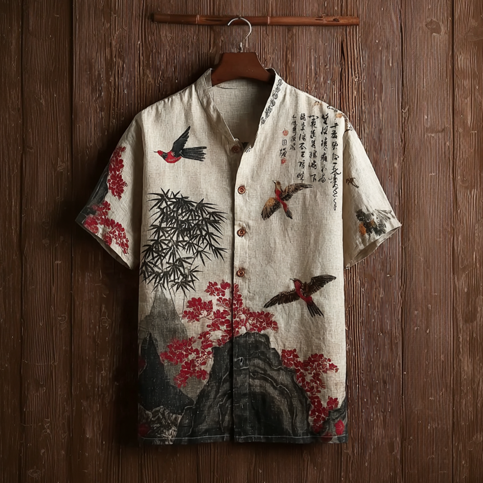Japanese Art Retro Style Birds And Flowers Pattern Men's Short Sleeve Shirt  artssus