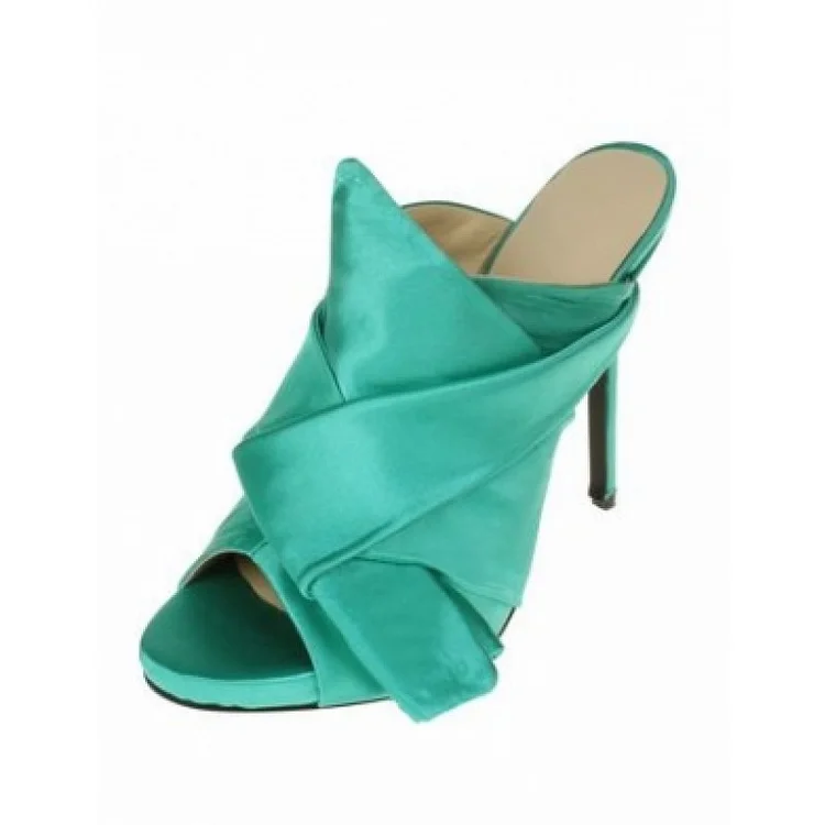 Turquoise Satin Tie Mule Heels Peep Toe Stiletto Heels US Size 3-15 |FSJ Shoes