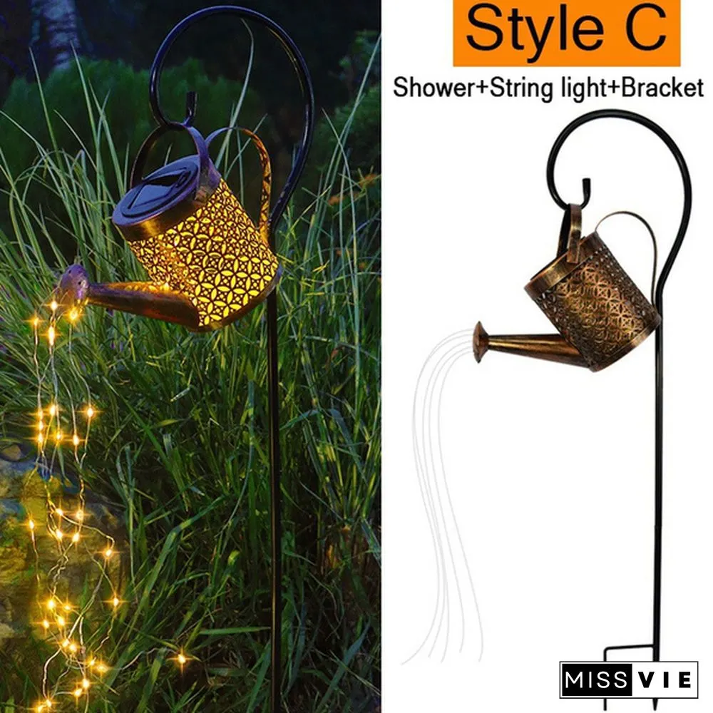 Retro Solar Watering Can Sprinkles LED Light Fairy Metal Wrought Iron Hollow Out Lamp