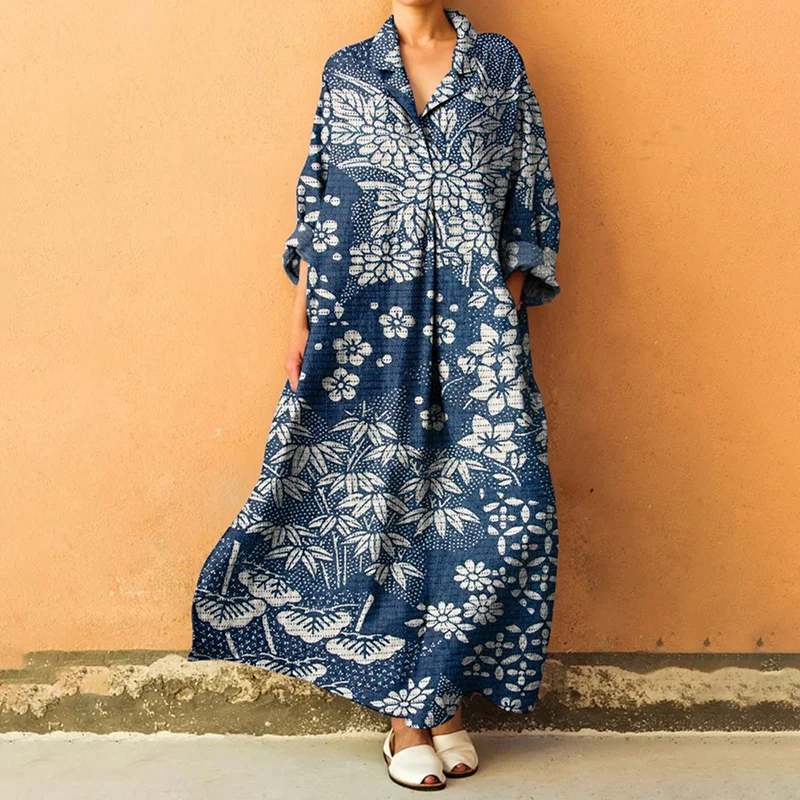 Vintage Japanese Art Flower Print Lapel Loose Maxi Dress
