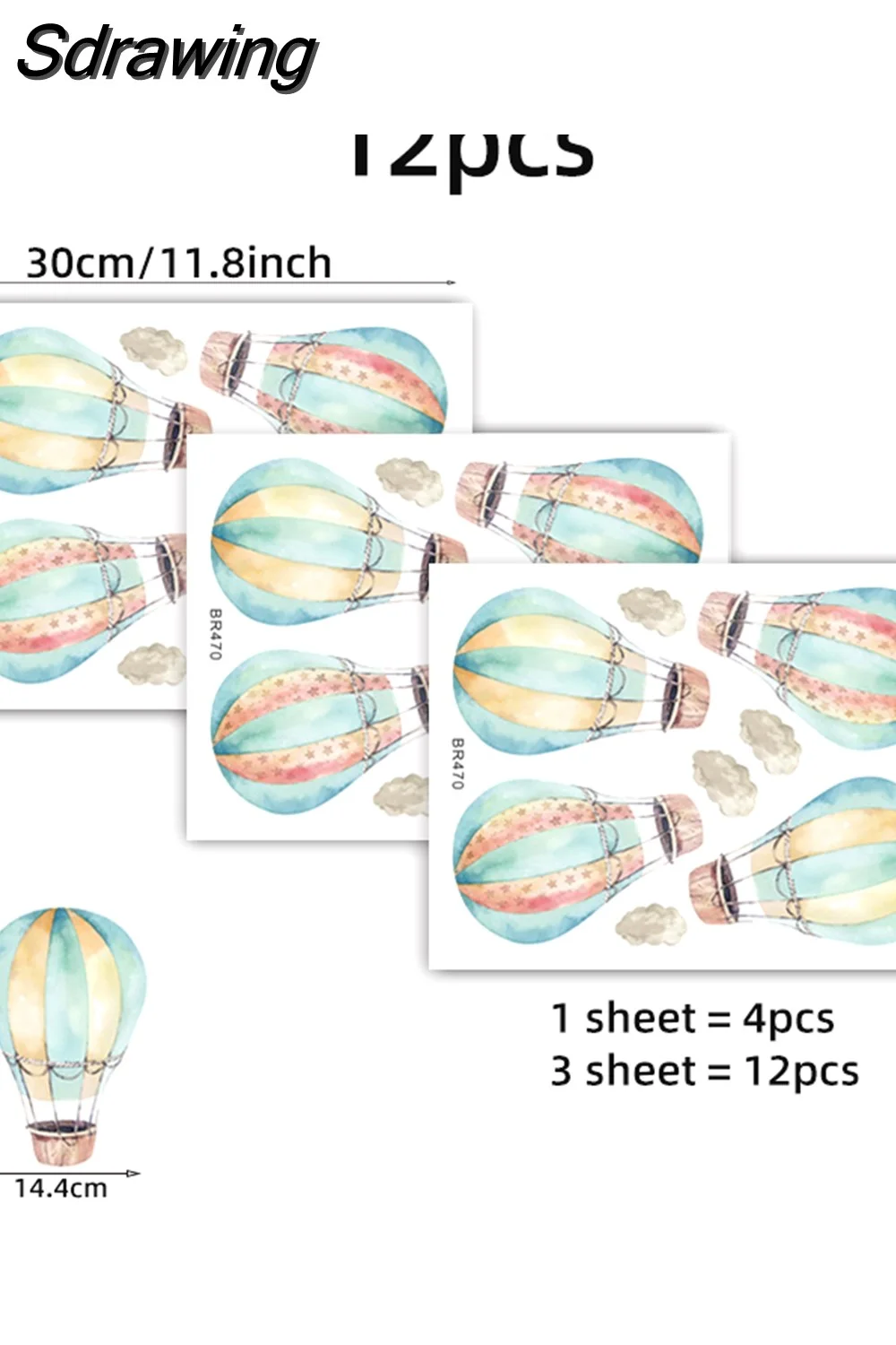 Sdrawing Animals Hot Air Balloon Clouds Wall Stickers Blue Color for Kids Room Baby Nursery Room Wall Decals Boy Room Stickers