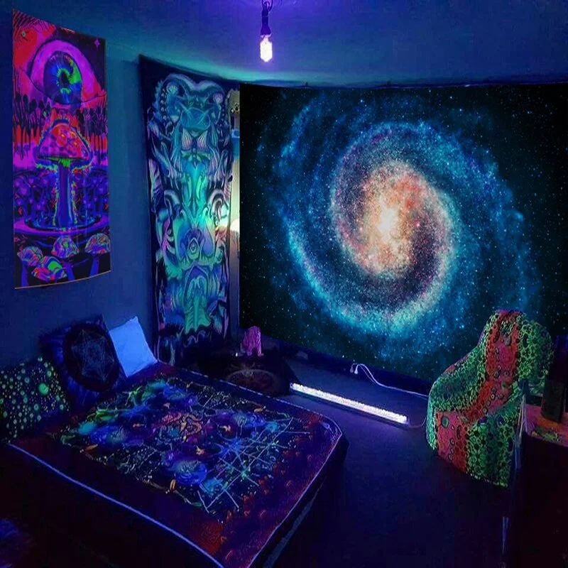 Fluorescent Starry Tapestry Skeleton Mushroom Psychedelic Black Light Wall Hanging Cloth DIY Home Decoration Trippy Room Decor