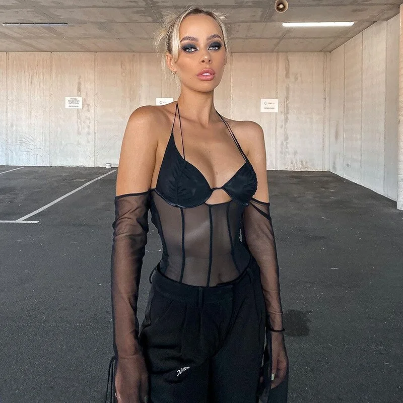 low cut mesh top women Halter autumn new club party black see-through Transparent long sleeve tee shirt female