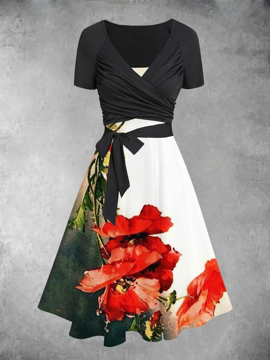 Women's Poppy Flower Art Two Piece Dress