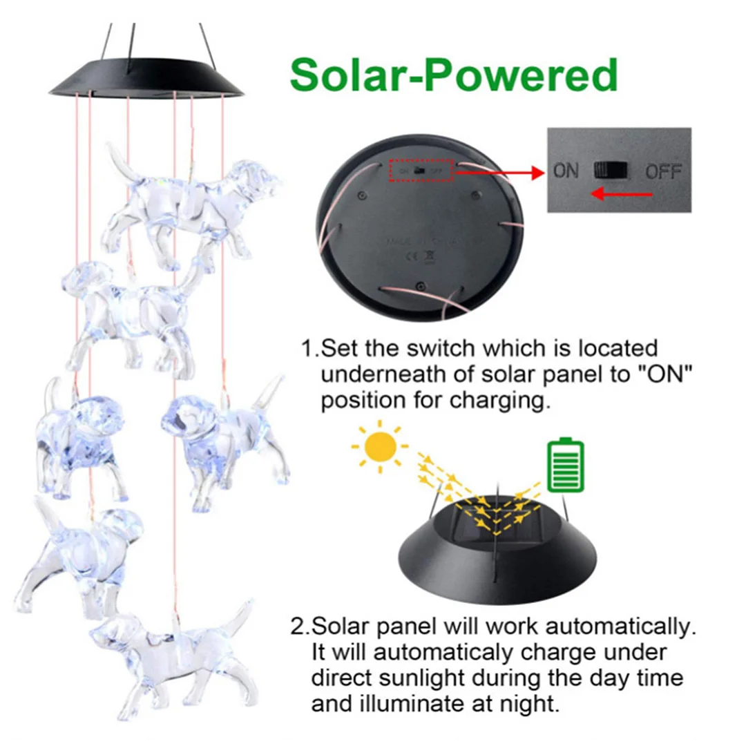 LED Solar Wind Chimes Color Changing Dog Hanging Decor for Yard Garden
