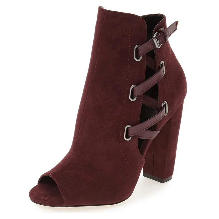 Burgundy Peep Toe Booties Vegan Suede Lace Up Chunky Heel Ankle Boots |FSJ Shoes