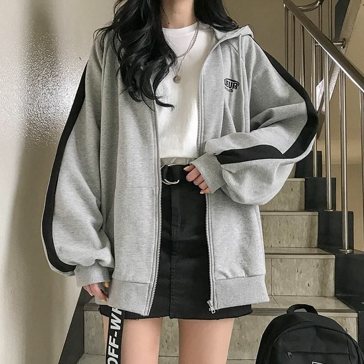 Oversized Jacket Coat Women Korean Style Zip Up Fleece Hooded Sweatshirt Student Autumn Casual Solid Long Sleeve Hoodie - Shop Trendy Women's Clothing | LoverChic