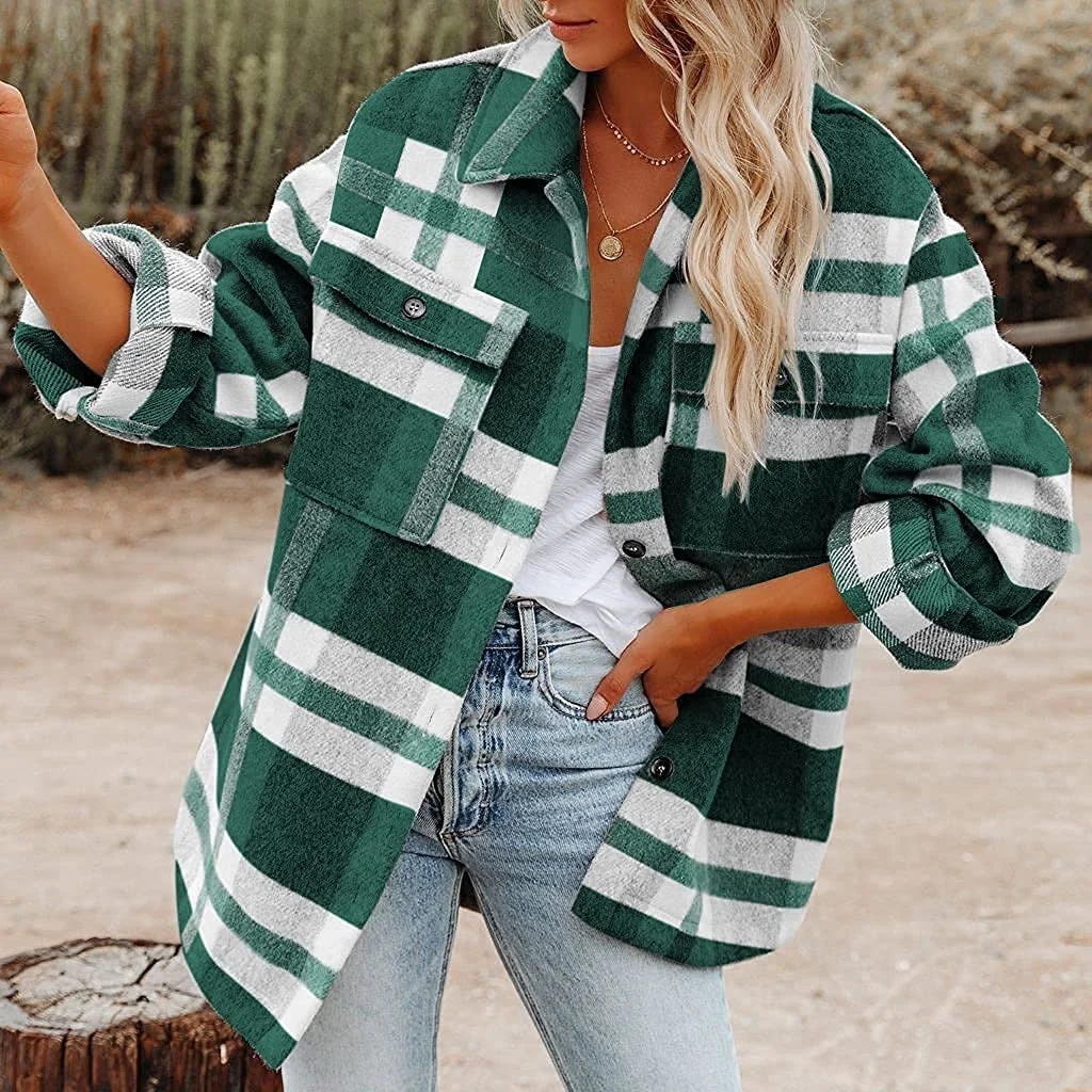 Women's Jacket Plaid Flannel Long Sleeve Button Down Coat