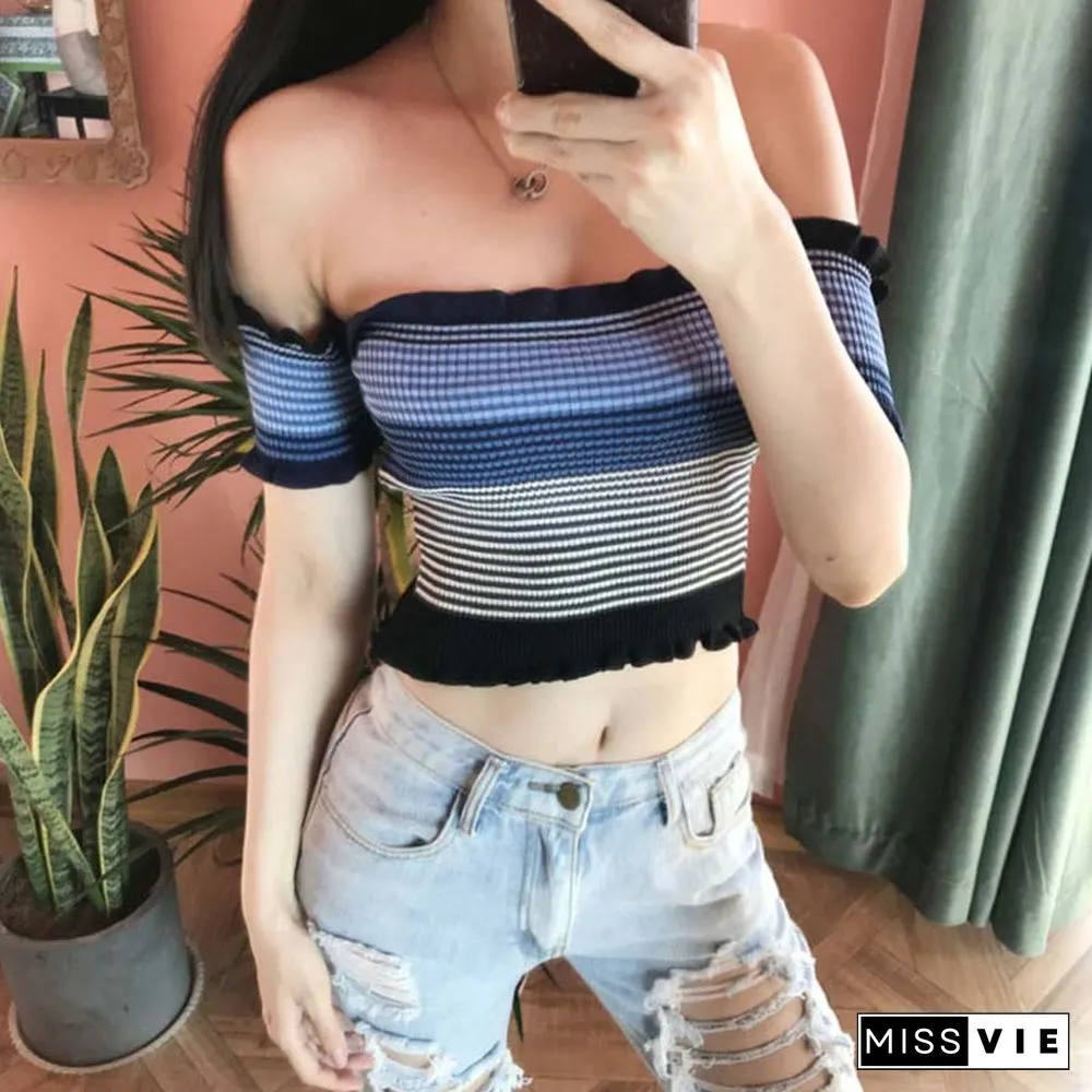 Heliar Women Rainbow Stripes Tops Female Off Shoulder Tops Women's Clothing Ruffles Hem Tees Lady Sexy Tops For Women T-Shirts