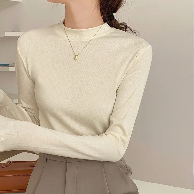 Woherb Standing Collar Solid Color Bottom Shirt Female Autumn Winter 2025 New White Inside The Design Sense Slim Hair Long Sleeve Jacket-Outfit Ideas