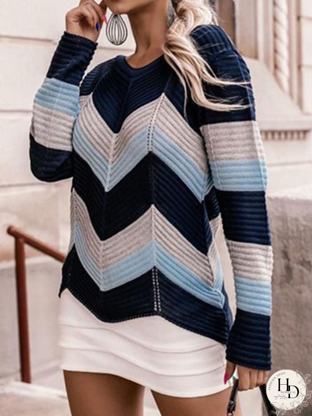 Contrast Color Long Sleeve V-neck Pullover Knit Sweater