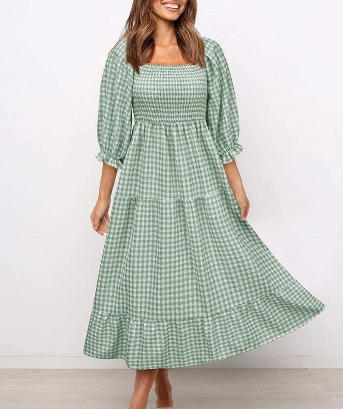 Women's Plaid Cotton Linen Elastic-waist Large Swing Dress