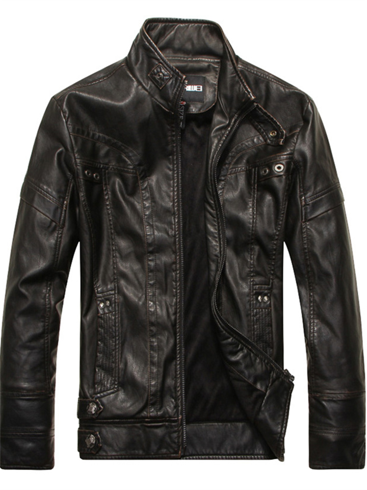 Men's Leather Jacket Fall and Winter PU Leather Jacket Collar Padded Thickened Jacket