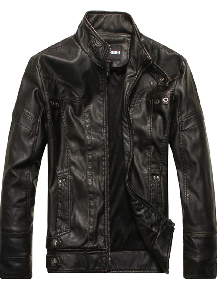 Men's Leather Jacket Fall and Winter PU Leather Jacket Collar Padded Thickened Jacket-JRSEE