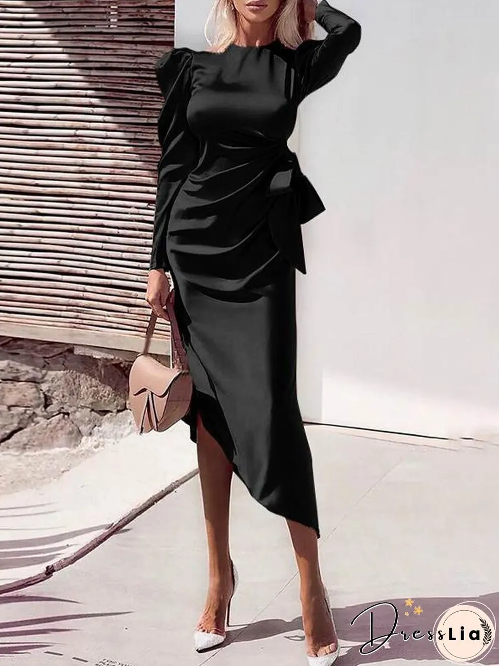 Elegant Bow Lace-up Draped Irregular Dress Office Sexy Slit Solid Long Dresses Women Fashion Long Sleeved Bodycon Dress Vestidos