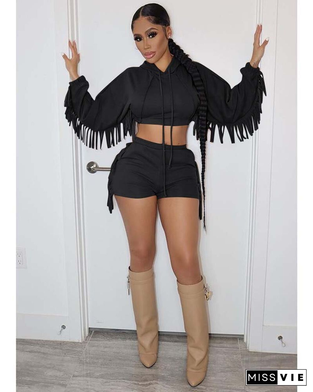 Tassel Hooded Crop Top+Bike Shorts Sets