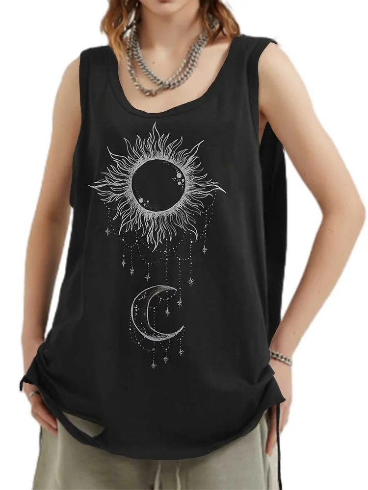 Unisex Sun Moon And Stars Art Pattern Print Loose Tank Top